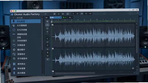 Okoker Audio Factory主界面，左侧功能列表，右侧波形编辑区，背景为工作室环境，整体色调蓝灰，画面清晰，细节丰富