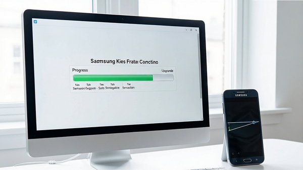 Samsung Kies固件升级功能演示图,电脑屏幕显示升级进度条,旁边放置一部三星设备,画面体现科技感与便捷性,背景简洁明亮