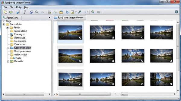 FastStone Image Viewer 主界面,展示简洁的浏览器布局,左侧文件夹树,右侧图片缩略图网格,顶部工具栏图标清晰,整体风格清爽专业,高清渲染,细节丰富,背景为浅灰色调