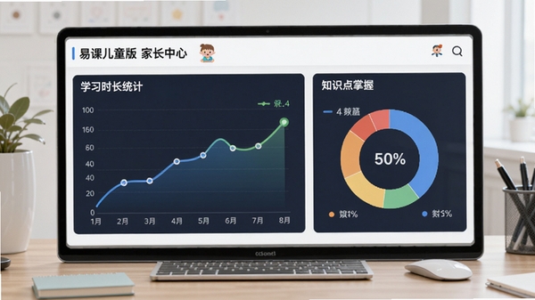 爱易课儿童版家长中心数据看板界面，展示学习时长统计折线图与知识点掌握环形图，背景为简洁的办公桌面，画面清晰，商务风格与儿童元素结合