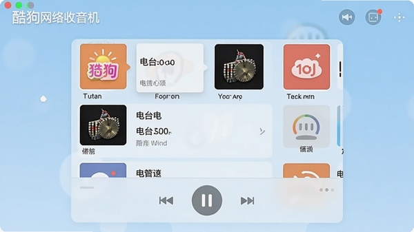 酷狗网络收音机主界面展示,软件名称显示在左上角,中央是电台列表和播放控制按钮,背景为淡蓝色调,整体风格简洁清晰,适合作为软件介绍首图