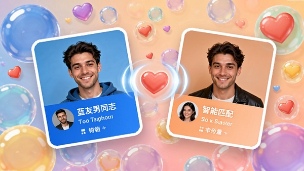 蓝友男同志社交软件智能匹配功能预览,展示两个用户资料卡片互相吸引的动效,背景为多彩气泡与爱心图标,画面活泼温馨