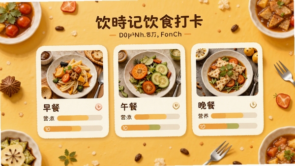 饮时记饮食打卡界面，展示早餐、午餐、晚餐三个卡片，每张卡片上有食物缩略图和营养元素比例条，背景是暖黄色，食物元素散落周围，风格温馨