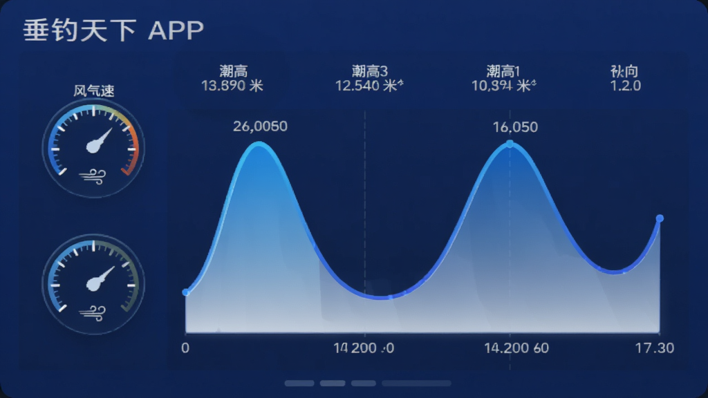 垂钓天下APP的潮汐预报功能页预览图，页面以深蓝色为背景，中央展示一条优美的潮汐曲线图，曲线呈现蓝色渐变，上方用白色字体标注潮高米数和时间点，左侧有风速风向的仪表盘图标，整体设计风格科技感十足，数据可视化清晰直观，画面干净专业