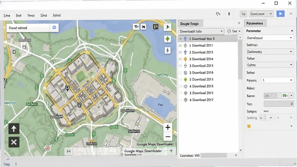 展示Google Maps Downloader主界面，左侧为地图预览窗口，右侧为下载任务列表与参数设置面板，整体风格简洁，窗口布局规整，背景为浅灰色桌面环境，软件名称显示在标题栏，画面清晰，细节丰富