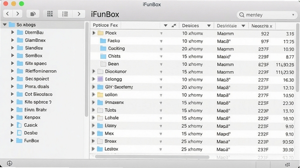 iFunBox软件主界面预览图,左侧为设备文件目录树,右侧为文件详细列表,背景为简洁的浅灰色系统界面风格,整体画面清晰明亮,突出文件管理软件的实用属性。