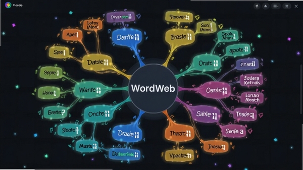 WordWeb同义词反义词对比界面,中心单词发散出多个相关词汇,用不同颜色标注,视觉效果直观