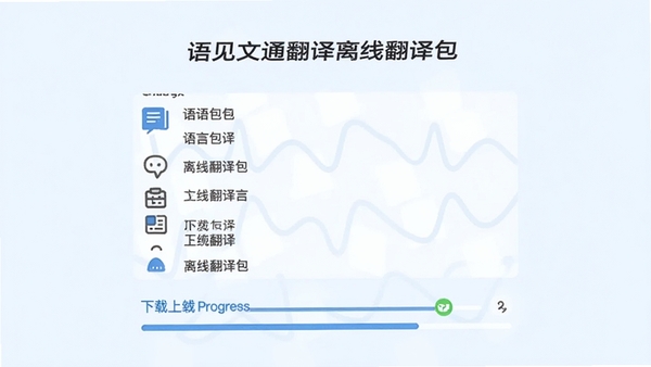 语见文通翻译离线翻译包下载页面,显示语言包列表和下载进度条,背景为简洁的浅蓝色,图标化设计,整洁大方