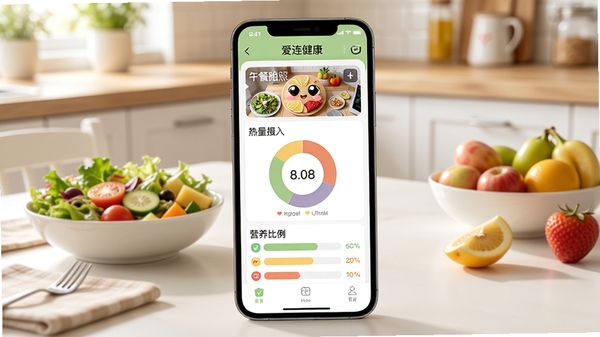 爱连健康饮食记录功能界面预览，展示午餐拍照记录、热量摄入环形图和营养比例条，手机屏幕居中，背景为整洁的厨房餐桌，摆放着彩色沙拉和水果，自然光线下画面清晰，图标风格可爱，展示