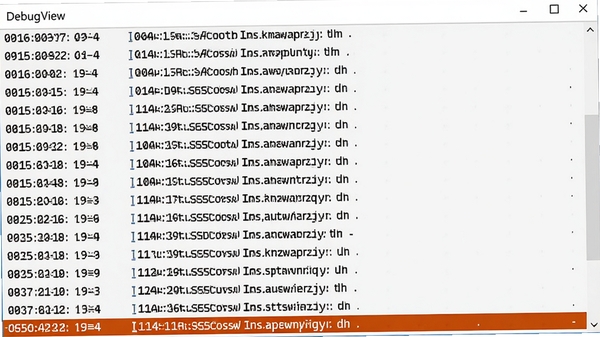 DebugView实时捕获调试输出预览图，展示一个正在滚动的日志列表，每行包含时间、进程ID和调试信息，高亮显示最新一条日志，界面简洁专业