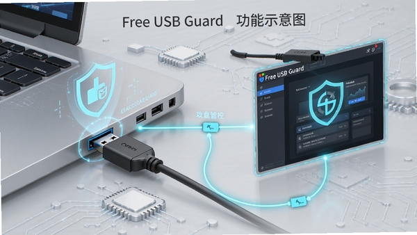 Free USB Guard功能示意图，画面展示电脑USB接口与设备管理界面，通过线条连接表示管控关系，背景以浅灰色科技元素装饰，突出安全防护主题