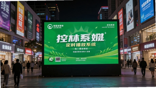 绿茵多媒体定时播放系统在户外LED大屏上稳定运行的实景图,画面显示清晰的活动海报,背景是夜晚繁华的商业街,体现软件在无人值守场景下的可靠性