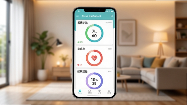爱连健康应用主界面预览图，展示健康数据仪表盘，包含步数、心率和睡眠质量环形图表，手机屏幕居中，背景为模糊的现代简约客厅环境，暖色调灯光，整体风格干净明亮，突出大屏交互与数据可视化