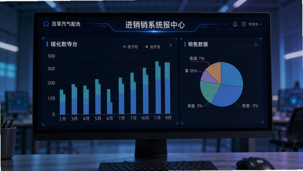 百草汽配进销存系统的报表中心,展示柱状图和饼图,分析销售数据,背景为电脑屏幕上的数据看板,科技感