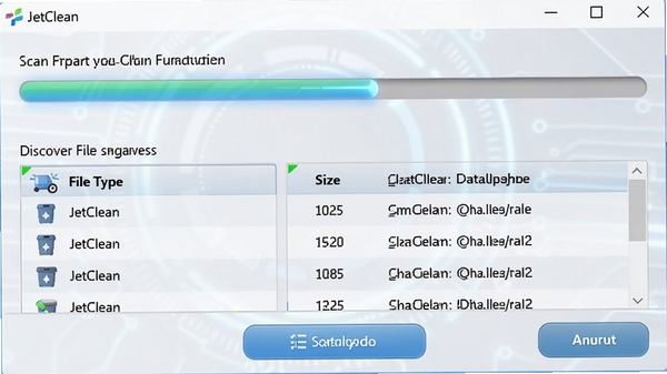 JetClean垃圾清理功能运行界面,显示扫描进度条与已发现的垃圾文件列表,列表包含文件类型、大小与路径信息,界面以浅色为主,功能按钮清晰可见,软件名称JetClean出现在窗口标题栏,画面细节丰富,科技感强