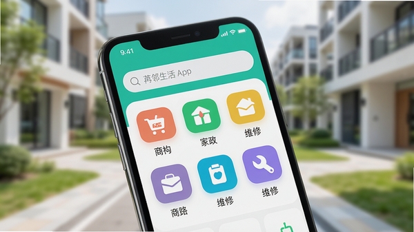 一张智能手机屏幕特写,屏幕中显示苒邻生活APP的首页界面,界面风格清新简约,顶部是搜索栏,下方以宫格形式排列着商超、家政、维修等彩色图标,背景是虚化的现代社区环境,整体画面明亮通透,突出软件的生活服务属性。
