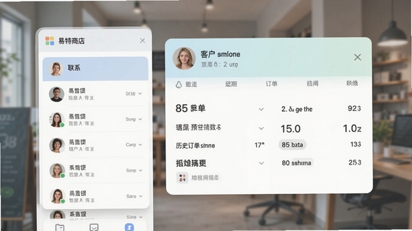 易特商店宝客户信息管理模块预览，左侧为联系人列表，右侧显示客户详情卡片，包含历史订单摘要，界面采用卡片式布局，色彩柔和，背景虚化处理突出主体