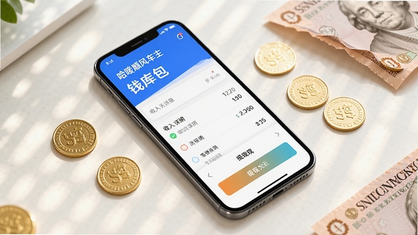 博库AI生成画面:一副平铺在桌面上的手机与纸币金币的俯视图,手机屏幕显示哈喽顺风车主APP的钱包页面,包含收入明细和提现按钮,旁边散落着几枚代表收益的硬币,画面色彩明亮,突出经济收益与实用性