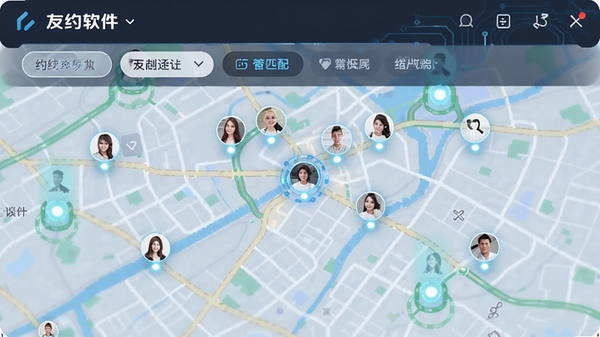 友约软件同城匹配功能界面，地图上分布着用户头像光点，有筛选标签栏，界面清晰，科技感十足