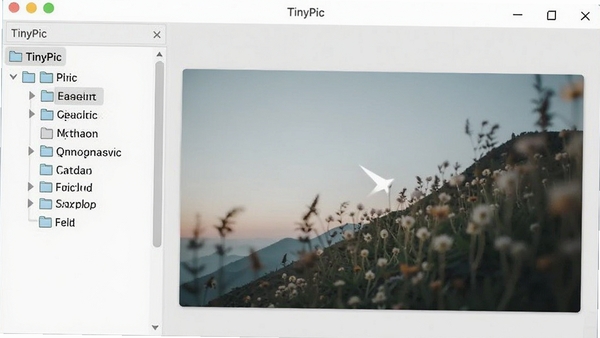 TinyPic软件主界面预览图，展示极简风格的图片浏览窗口，左侧为文件夹树，右侧为高清样张图片，背景为浅灰色调，画面干净明亮，突出软件轻量高效的特点