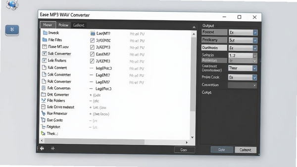 Ease MP3 WAV Converter软件主界面截图，展示简洁的窗口布局，左侧为文件列表区域，右侧为输出格式选择面板，背景为干净的浅灰色桌面环境，画面清晰，软件名称显示在窗口标题栏，整体风格写实，细节丰富，适配Boogu模型生成