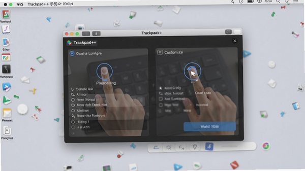 Trackpad++手势设置界面示意图，展示多指操作配置选项，背景为浅灰色桌面环境，界面元素清晰，突出自定义功能