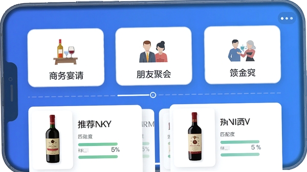 有瓶酒APP智能推荐功能界面示意图,手机屏幕上显示不同场景选项图标,如商务宴请、朋友聚会,下方为推荐酒款卡片列表,卡片上有酒瓶图片、名称与匹配度百分比,背景为简洁的渐变蓝色,扁平化设计风格,清晰展示推荐逻辑
