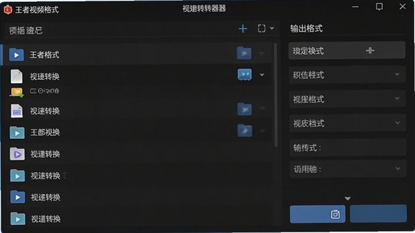 王者视频格式转换器主界面预览图，深色背景，左侧为文件列表，右侧为输出格式选项，整体风格简洁现代，图标清晰，突出软件名称与视频转换核心功能
