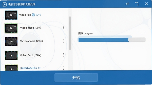 电影音乐提取机批量处理界面，左侧为视频文件列表，右侧显示提取进度条，底部有开始按钮，界面以蓝色为主色调，图标清晰，现代软件界面设计