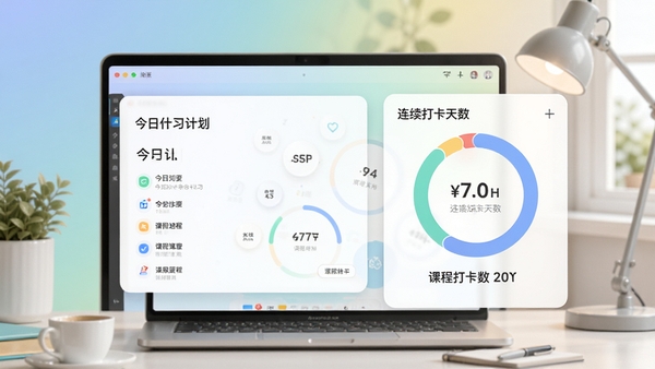 学什么软件主界面预览图，展示今日学习计划卡片、课程进度环形图与连续打卡天数，背景为柔和的渐变色学习办公场景，画面干净明亮，突出规划感与实用性