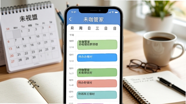 未咖管家日程管理功能预览，手机界面显示周视图日程表，包含不同颜色标记的待办事项，背景为办公桌面，有日历、笔记本、咖啡杯等元素，画面明亮，细节丰富，突出软件名称“未咖管家”