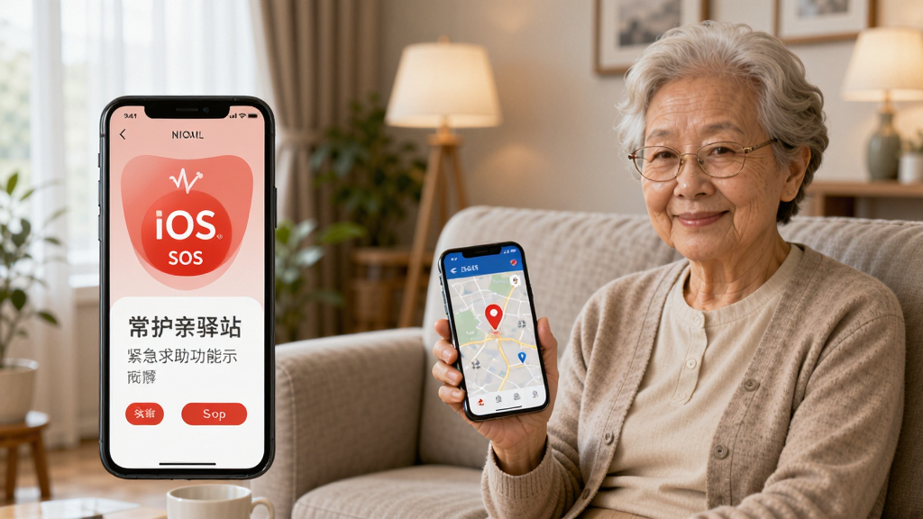 常护亲驿站紧急求助功能示意图,展示手机SOS界面和定位地图发送场景,背景为客厅中老人手持手机,表情安心,画面突出安全感和便捷性
