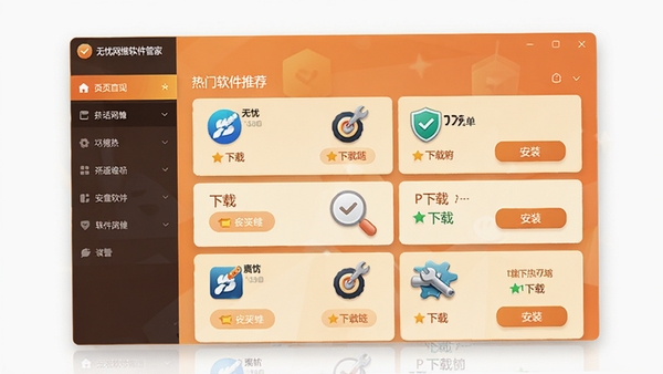 无忧网维软件管家界面，展示热门软件推荐列表，配有下载与安装按钮，界面采用暖色调卡片布局，软件名称在导航栏左侧显示