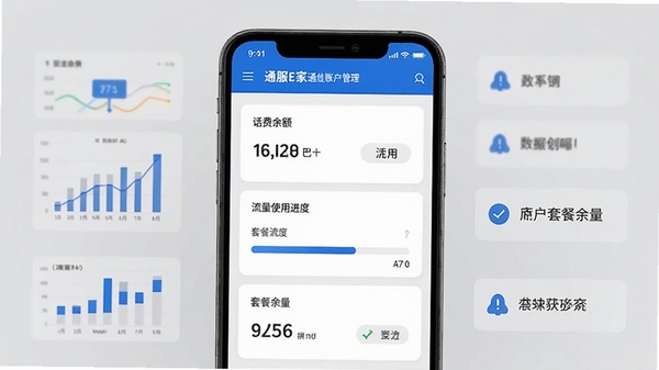 通服E家通信账户管理界面截图，展示话费余额、流量使用进度条、套餐余量等数据卡片，背景为浅灰色，手机屏幕元素居中，周围有数据图表和提醒图标，色彩搭配以蓝色和白色为主，风格简洁商务