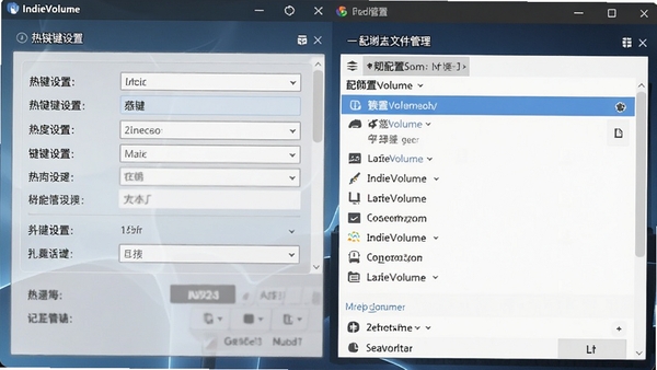 IndieVolume软件设置界面预览图，展示热键设置选项和配置文件管理列表，背景为柔和的蓝色渐变，界面元素清晰，强调功能丰富性与可定制性