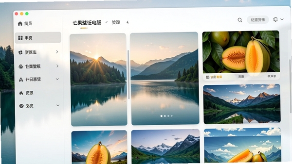 芒果壁纸电脑版主界面预览图，展示其简洁的分类导航栏与瀑布流高清壁纸展示区，背景为一张唯美的自然风景图片，整体画面清晰明亮，突出软件的资源丰富与界面友好
