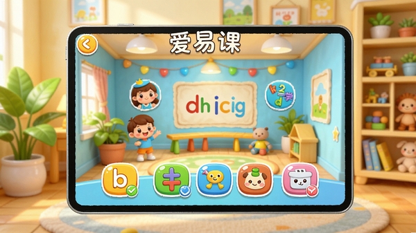 爱易课儿童版主界面预览图，展示色彩明亮的卡通学习大厅，包含拼音、数学、英语等课程图标，背景为温馨的儿童书房，配有绿色植物，整体风格活泼可爱，高清渲染