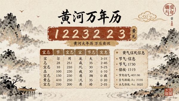 黄河万年历农历黄历功能展示图，界面中突出显示农历日期、宜忌列表与节气信息，设计风格古色古香，带有传统水墨画元素，色彩和谐，位于画面中央