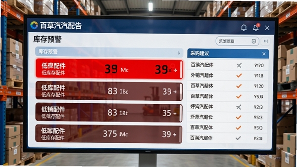 百草汽配进销存系统的库存预警界面,红色高亮显示低库存配件,旁边有采购建议列表,背景是仓库货架,数字大屏风格
