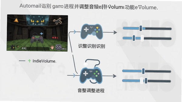 IndieVolume软件功能示意图，展示其自动识别游戏进程并调整音量的逻辑流程，画面采用扁平化设计风格，用线条和图标连接不同游戏与音量滑块，背景为浅灰色，简洁直观