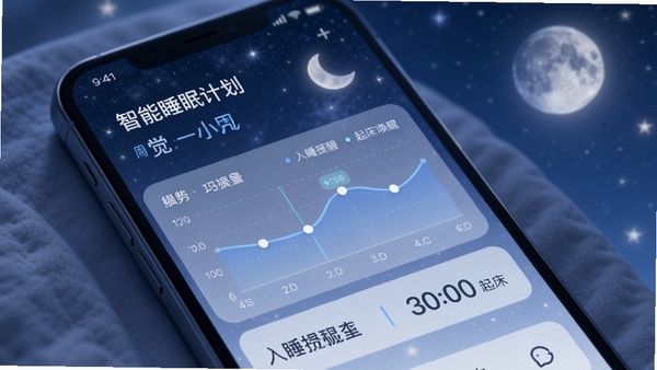 小觉定智能睡眠计划界面，展示一周睡眠趋势图，背景为星空与月亮，手机界面显示入睡提醒与起床唤醒时间，柔和蓝色调，突出科技感与舒适感