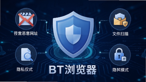 BT浏览器安全防护功能展示,画面中央为盾牌图标,周围环绕拦截恶意网址、文件扫描、隐私模式等图标,背景为深蓝色科技纹理,软件名称出现在盾牌下方,风格简约有力