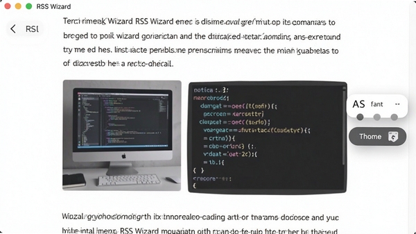 一张展示RSS Wizard阅读视图的截图，界面显示一篇科技类文章，正文排版精美，包含图片和代码块，右侧有字体调整和主题切换的悬浮按钮，软件名称RSS Wizard出现在左上角的返回键旁，整体风格现代简约，色彩柔和，突出阅读的沉浸感