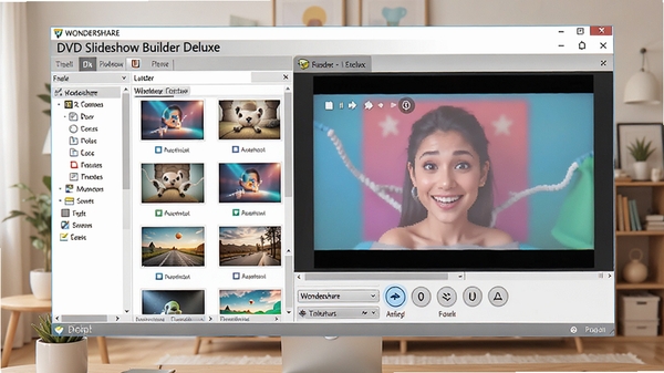 一张干净的桌面电脑屏幕前,Wondershare DVD Slideshow Builder Deluxe软件界面展示,左侧素材列表,右侧预览窗口,画面明亮,色彩鲜艳,背景为简约家居环境,整体风格温馨实用,突出软件的主界面布局和友好操作感,16:9构图,高清细节