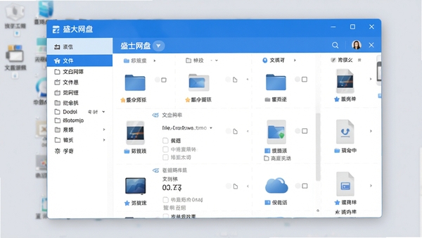 盛大网盘主界面截图，左侧为文件分类导航栏，右侧为文件列表展示区，整体采用蓝白配色，界面清爽整洁，背景为浅灰色桌面环境，突出软件窗口的简洁与易用性