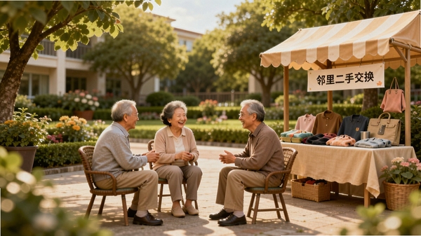 苒邻生活APP邻里互动功能界面截图预览,画面中展示一个温馨的社区广场,几位居民正围坐在一起聊天,旁边有展示二手物品交换的摊位,背景是绿树成荫的花园小区,整体色调温暖,体现和谐的邻里关系。