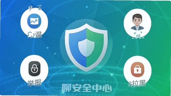 附近一对聊的安全中心界面，背景为盾牌图标，四周环绕手机验证、人脸识别、举报拉黑等安全图标，色调为蓝色和绿色，突出安全可信赖的氛围，软件名称以水印形式放在底部