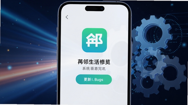 苒邻生活APP最新版更新日志预览图,画面是一张简洁的智能手机界面,显示应用更新完成的提示,背景是抽象的光效和齿轮元素,象征着系统优化与bug修复,整体风格科技感十足。