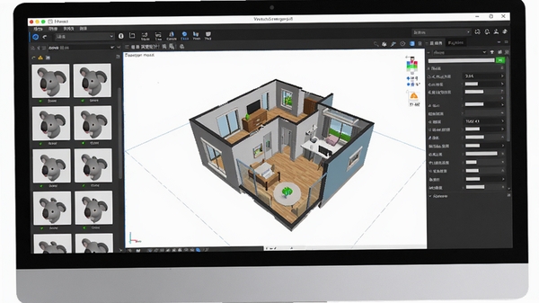 考拉猫3D家装设计软件主界面预览图,展示软件在电脑上运行的完整工作区,左侧为模型素材库列表,中间为3D户型设计视口,右侧为属性编辑面板,整体界面风格简洁现代,色彩明快,光线充足,体现专业与易用性