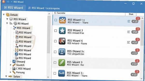 一张展示RSS Wizard订阅源管理功能的截图，左侧树状分类目录清晰可见，右侧显示订阅源列表，每个源都有图标、名称和未读数量角标，整体界面以蓝白配色为主，突出软件名称RSS Wizard在顶部的导航栏，画面风格写实，类似于软件功能演示图